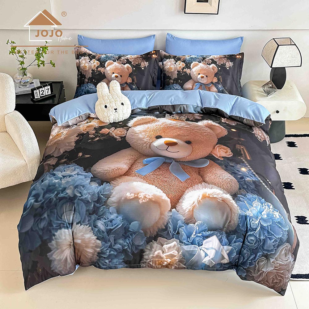 6.1-1.jpg Lenjerie de pat dublu , Tesatura tip Finet, 6 piese , Imprimeu 5D Ursuleț Teddy și Flori - imagine 1