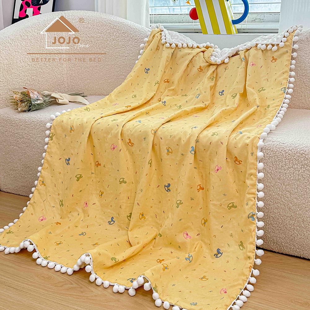 6.1-4.jpg Păturică copii din bumbac 100% și Minky 3D, 100 x 150 cm – Galben, model cu Căluți Balansoar - imagine 1