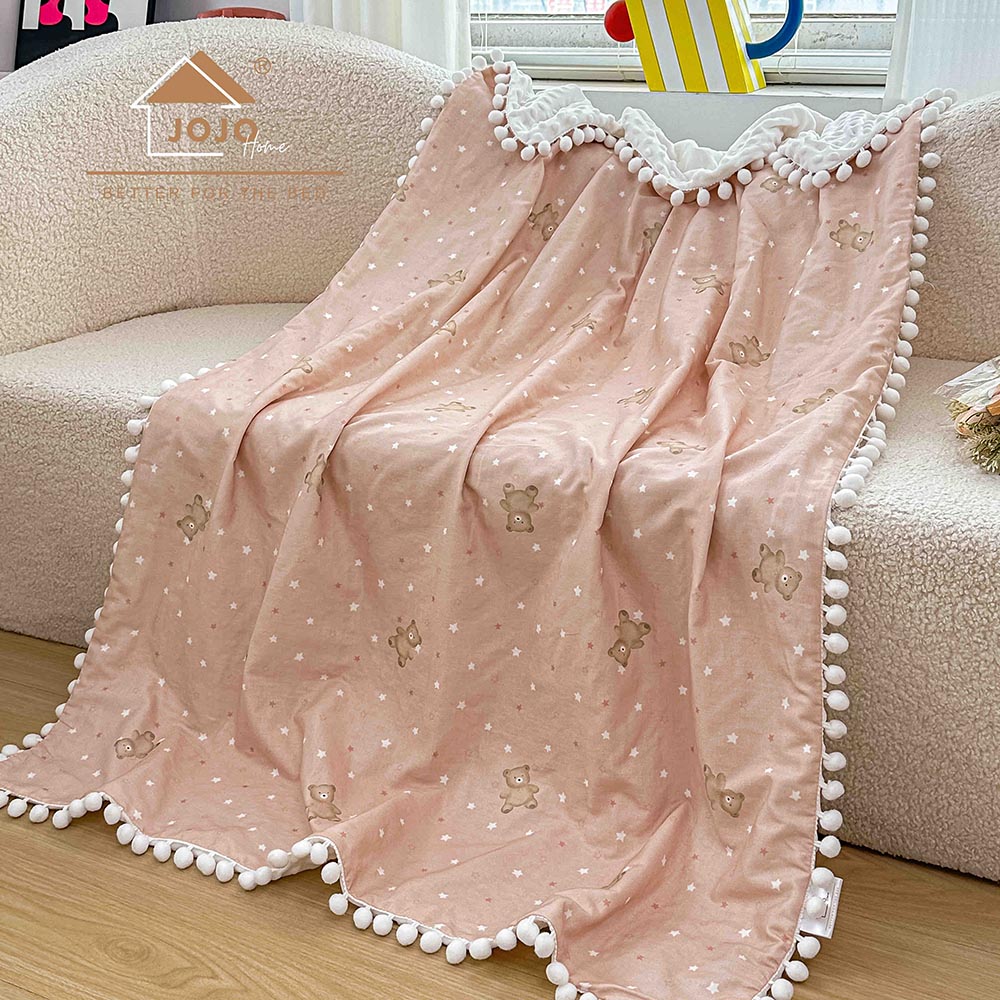 8.1-3.jpg Păturică copii din bumbac 100% și Minky 3D, 100 x 150 cm – Roz Pudrat , model cu Ursuleți și Steluțe - imagine 1