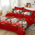 Set Lenjerie Pat Dublu , Cearceaf cu Elastic, 6 Piese din Bumbac Finet , Mos Craciun LFE7XMAS-C10