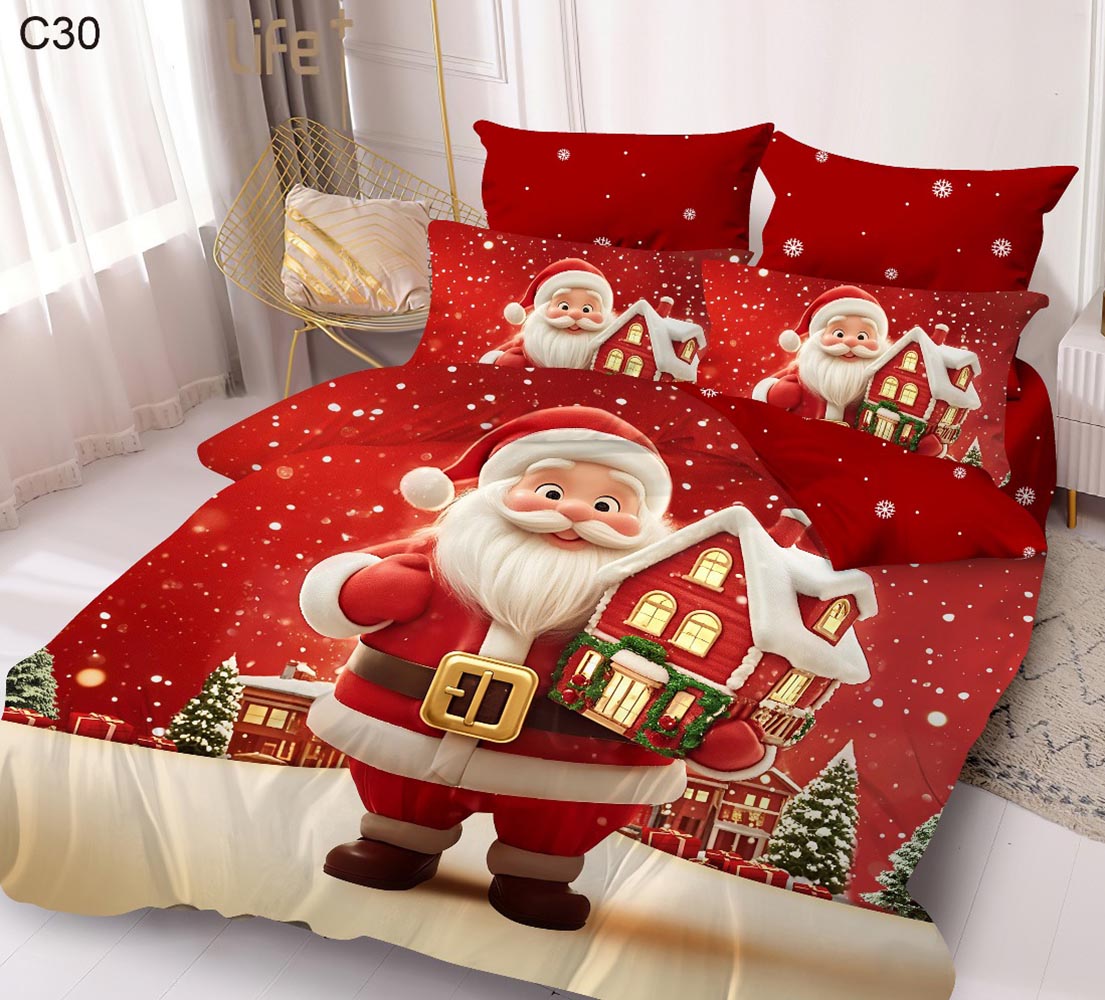 C30.jpg Set Lenjerie Pat Dublu , Cearceaf cu Elastic, 6 Piese din Bumbac Finet , Mos Craciun LFE7XMAS-C30 - imagine 1