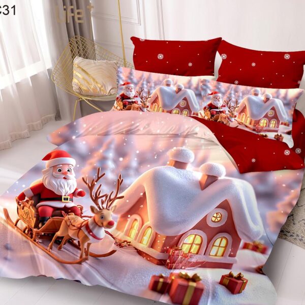 Set Lenjerie Pat Dublu , Cearceaf cu Elastic, 6 Piese din Bumbac Finet , Mos Craciun LFE7XMAS-C31