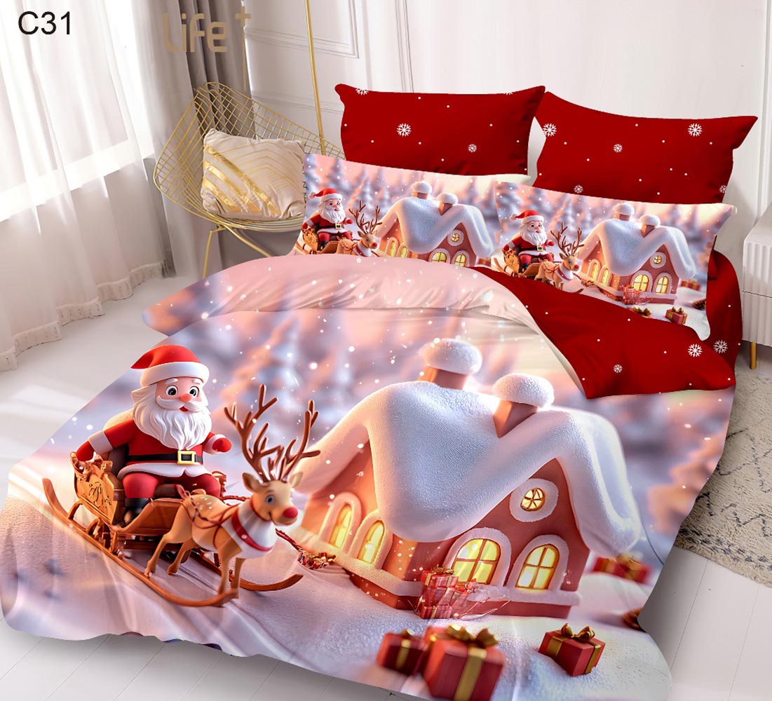 C31.jpg Set Lenjerie Pat Dublu , Cearceaf cu Elastic, 6 Piese din Bumbac Finet , Mos Craciun LFE7XMAS-C31 - imagine 1