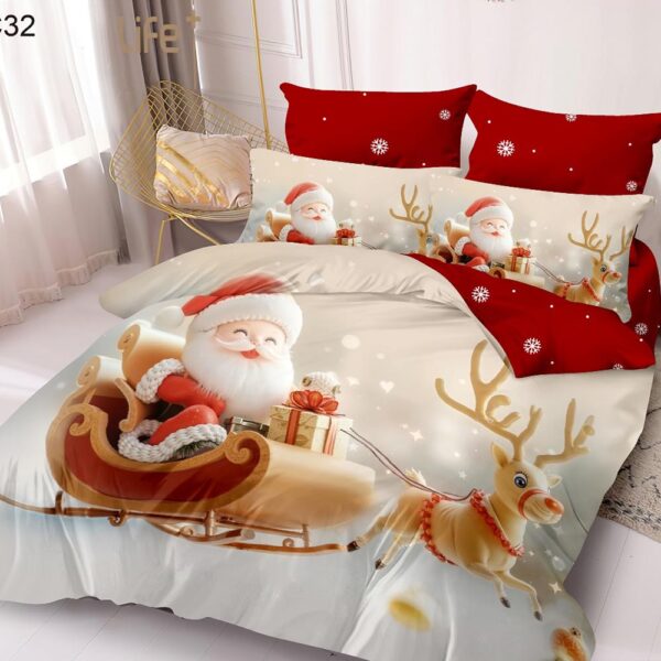 Set Lenjerie Pat Dublu , Cearceaf cu Elastic, 6 Piese din Bumbac Finet , Mos Craciun LFE7XMAS-C32