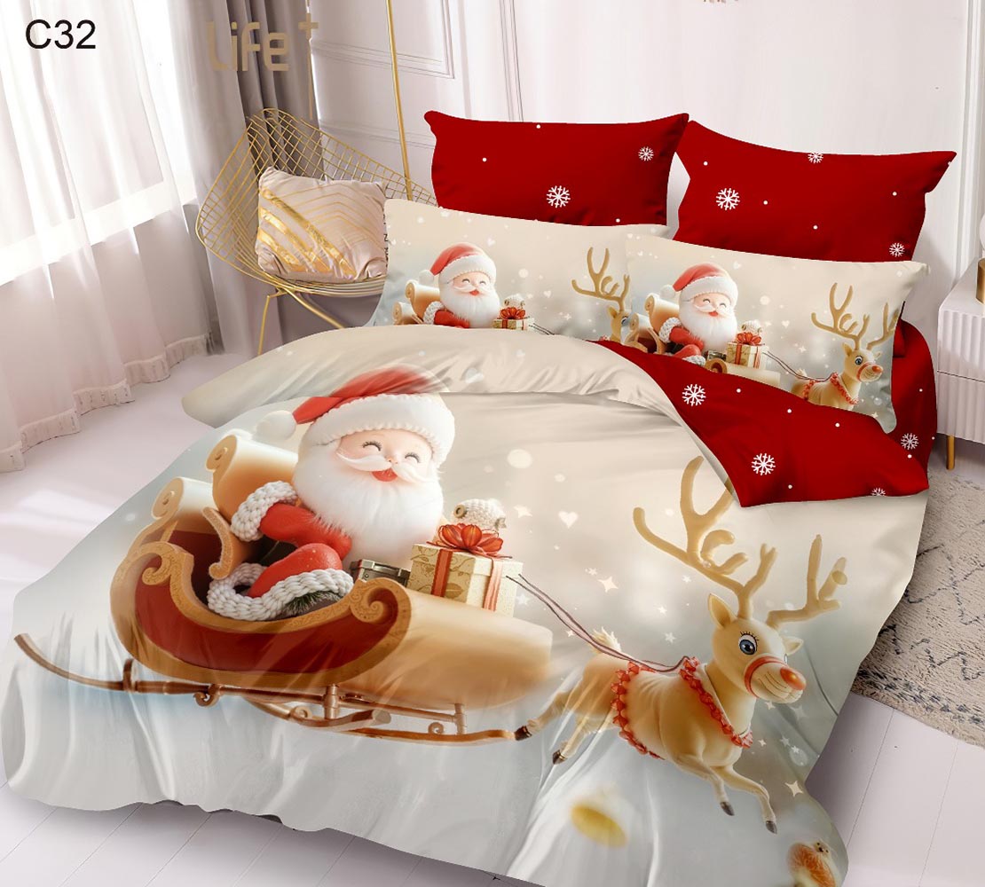 C32.jpg Set Lenjerie Pat Dublu , Cearceaf cu Elastic, 6 Piese din Bumbac Finet , Mos Craciun LFE7XMAS-C32 - imagine 1