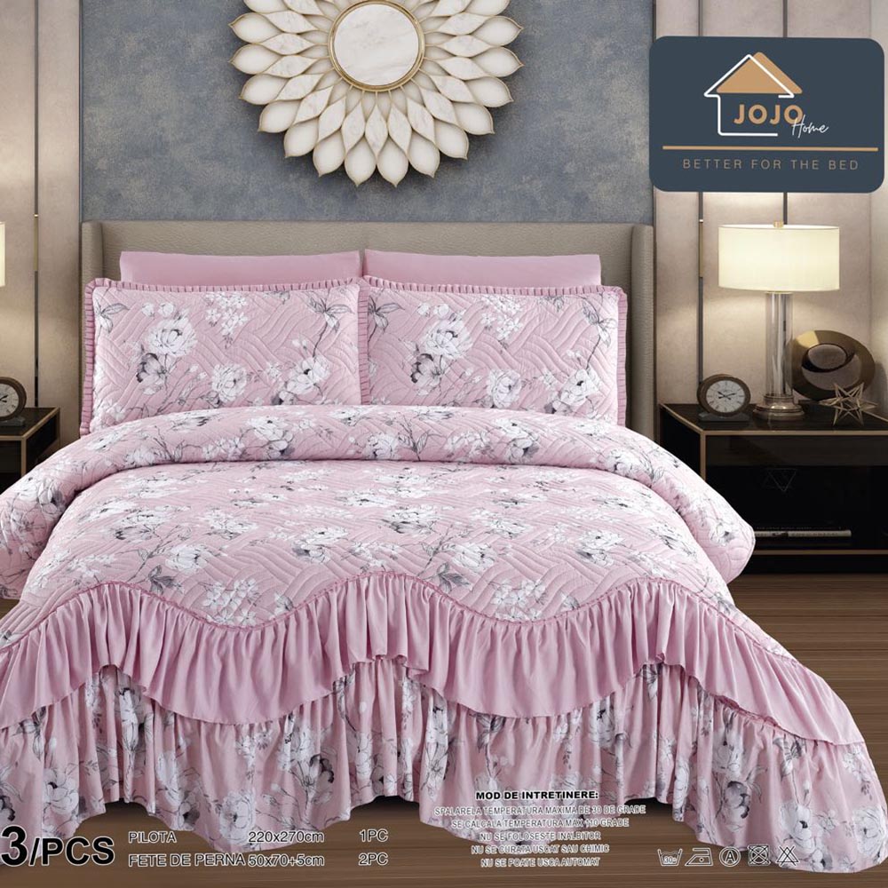 CPLV2JH-002.jpg Set de Lux Cuvertura de Pat cu Volanas si 2 Fete de Perna , Bumbac Finet, cu Imprimeu, CPLV2JH-002 - imagine 1