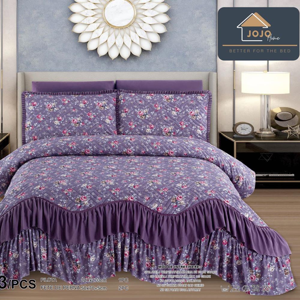 CPLV2JH-004-1.jpg Set de Lux Cuvertura de Pat cu Volanas si 2 Fete de Perna , Bumbac Finet, cu Imprimeu, CPLV2JH-004 - imagine 1