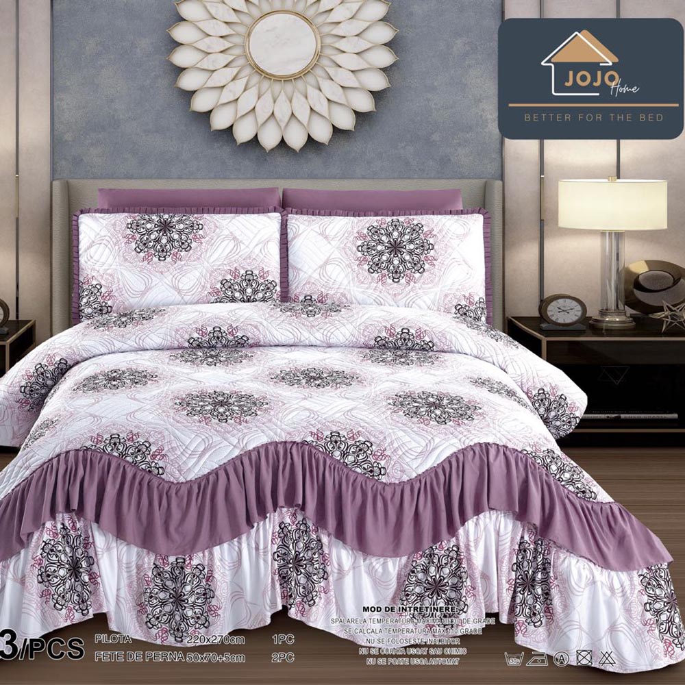 CPLV2JH-007.jpg Set de Lux Cuvertura de Pat cu Volanas si 2 Fete de Perna , Bumbac Finet, cu Imprimeu, CPLV2JH-007 - imagine 1