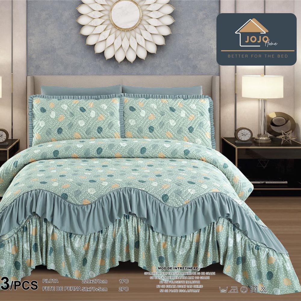 CPLV2JH-013.jpg Set de Lux Cuvertura de Pat cu Volanas si 2 Fete de Perna , Bumbac Finet, cu Imprimeu, CPLV2JH-013 - imagine 1