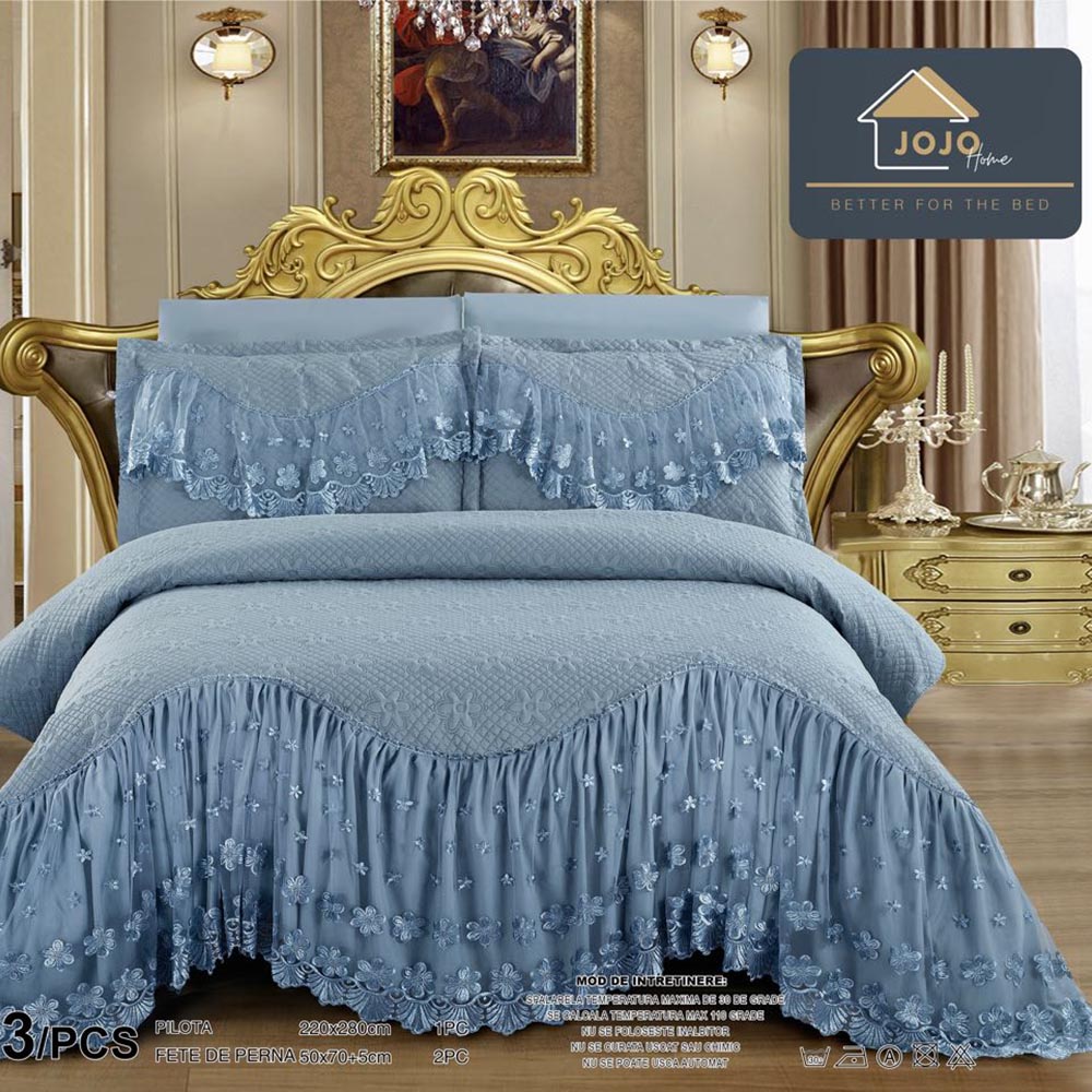 CVP2JH-004.jpg Set Cuvertura de Pat cu Volanas, Uni, Pat 2 Persoane si 2 Fete de Perna , Bumbac Finet, Bleu, CPV2JH-004 - imagine 1