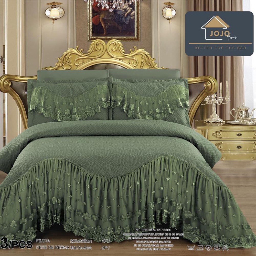 CVP2JH-010.jpg Set Cuvertura de Pat cu Volanas, Uni, Pat 2 Persoane si 2 Fete de Perna , Bumbac Finet, Olive, CPV2JH-010 - imagine 1