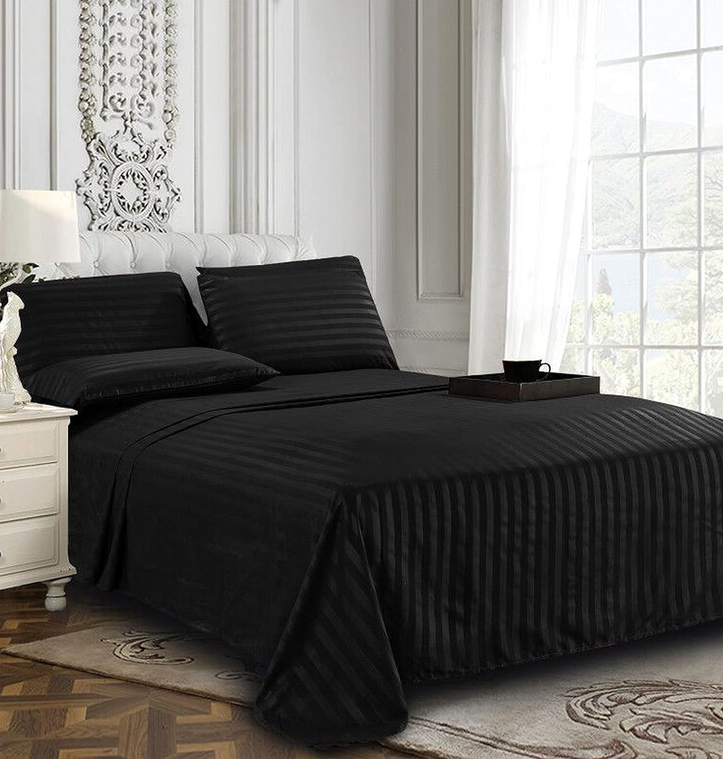 Damasc-negru.jpg Lenjerie Pat Dublu, Damasc, Bumbac 100 %, Cearceaf cu elastic 180*200 cm - imagine 1
