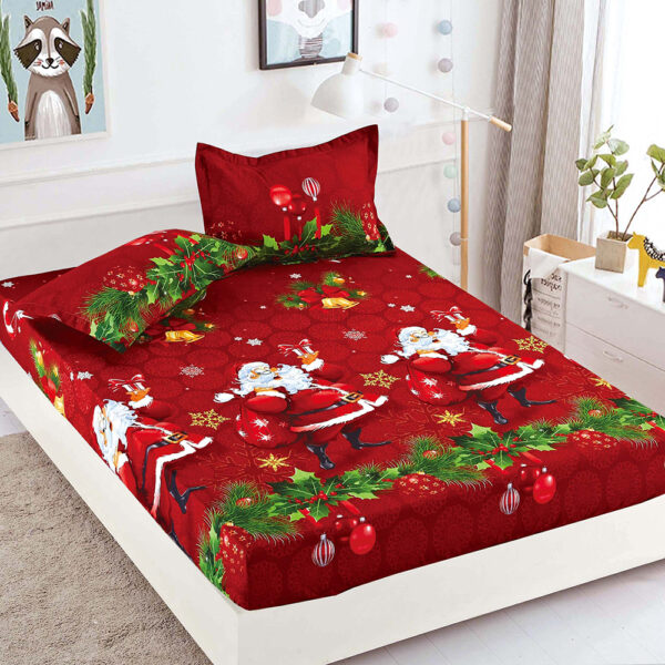 Set husa pentru pat dublu confectionata din bumbac finet cu imprimeu Mos Craciun + 2 fete de perna HF238XMAS-20004
