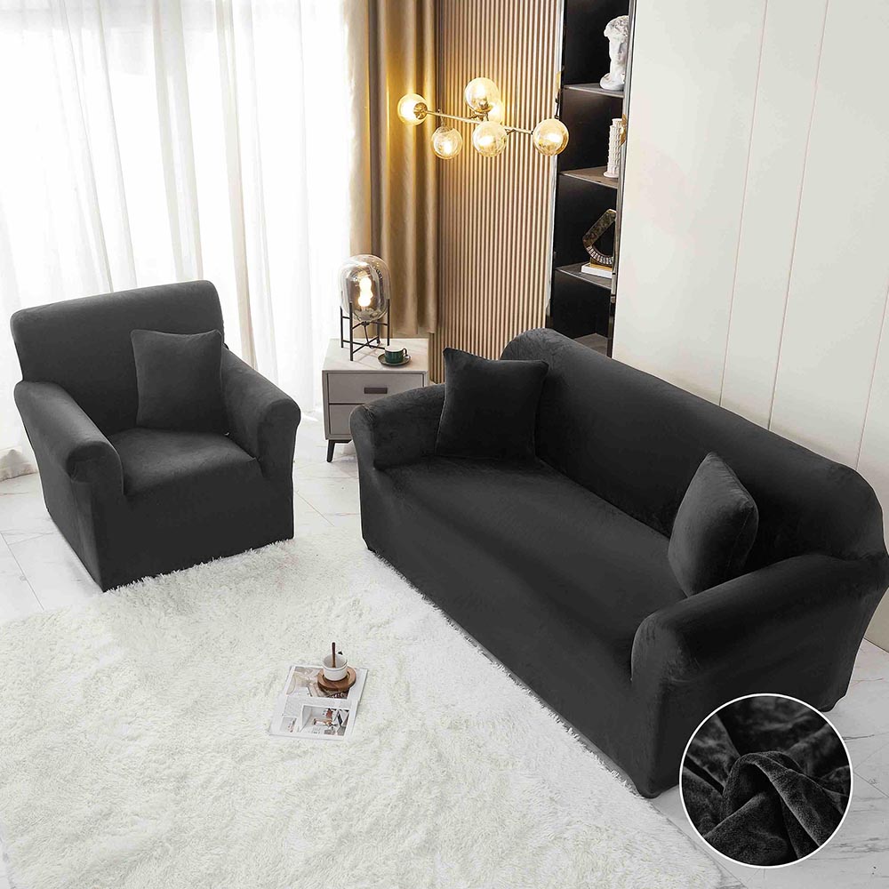 JOH3CC08-1.jpg Husa elastica din catifea, canapea 3 locuri, cu brate, Negru - imagine 1