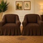 Set 2 Huse cu volanas din material elastic,creponat,   pentru Fotolii - Maro inchis