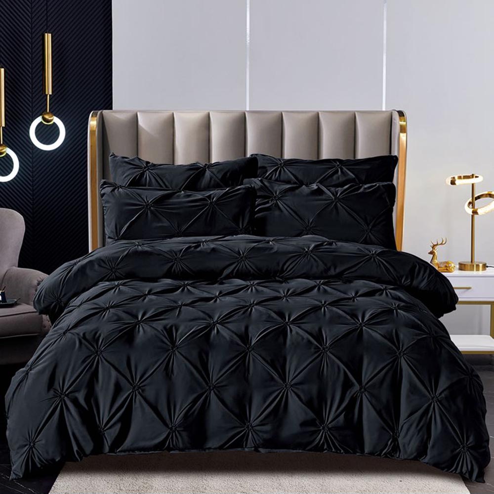negru-2.jpg Lenjerie de pat cu pliuri pentru pat dublu - finet , 6 piese, Cearceaf cu elastic - Negru - imagine 1