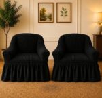 Set 2 Huse cu volanas din material elastic,creponat,   pentru Fotolii - Negru