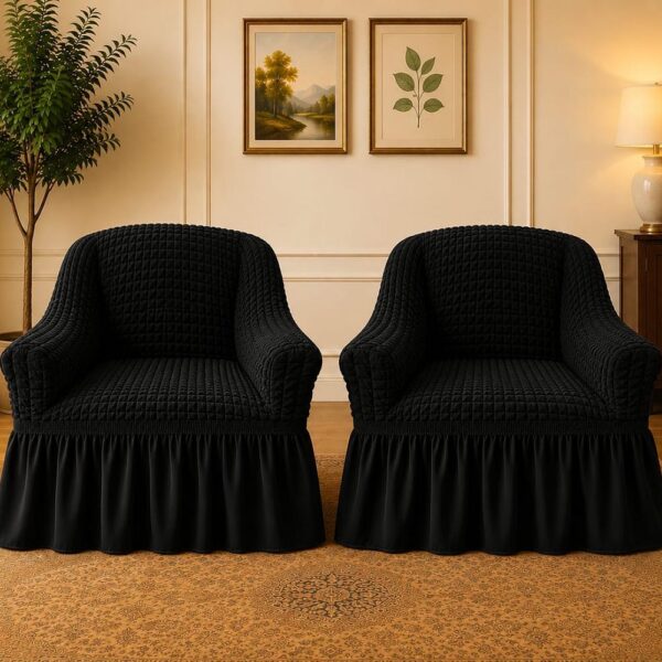 Set 2 Huse cu volanas din material elastic,creponat,   pentru Fotolii - Negru