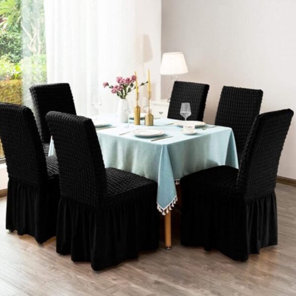 Set 6 huse scaune, creponate si elastice cu volanas  Negru
