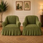 Set 2 Huse cu volanas din material elastic,creponat,   pentru Fotolii - Verde